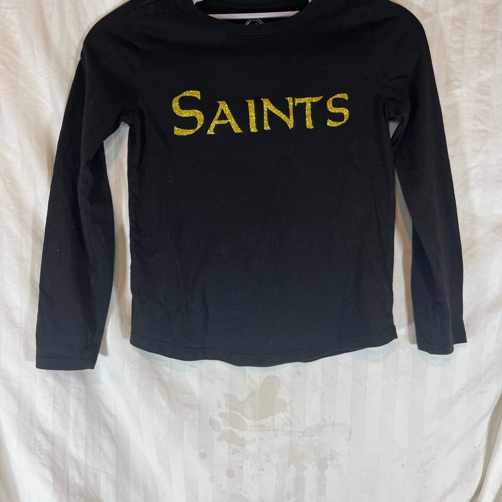 Wonder Nation Boys Girls Black Gold Glitter Saints Graphic Long Sleeve Tee M 7-8